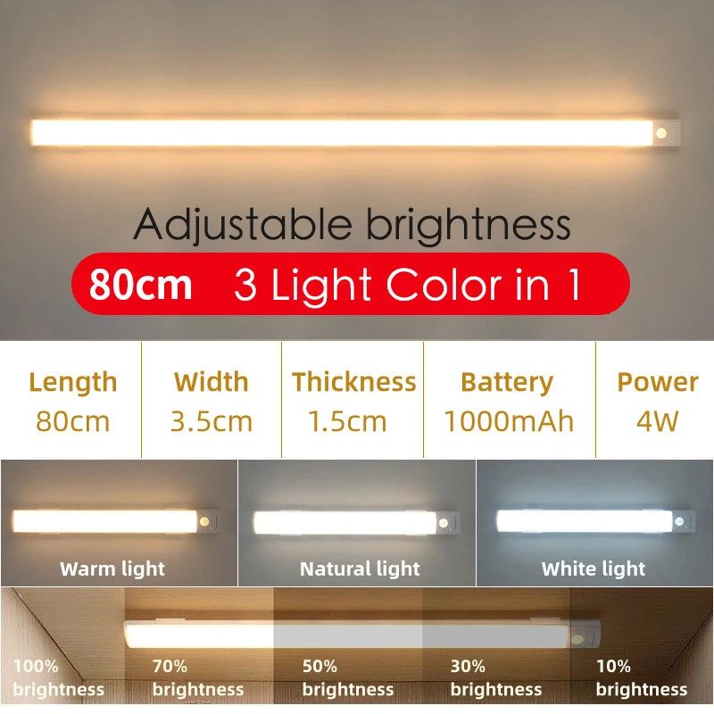 20-80cm LED Motion Sensor Light Night Wireless Lamp USB Rechargeable Wall Under Cabinet Bedroom For Kitchen Wardrobe Battery