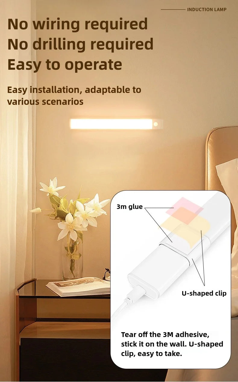 20-80cm LED Motion Sensor Light Night Wireless Lamp USB Rechargeable Wall Under Cabinet Bedroom For Kitchen Wardrobe Battery